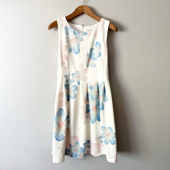 Calvin Klein Scuba Sleeveless Fit n Flare Cream Blue Floral Dress Womens Size 12 - Picture 1 of 10